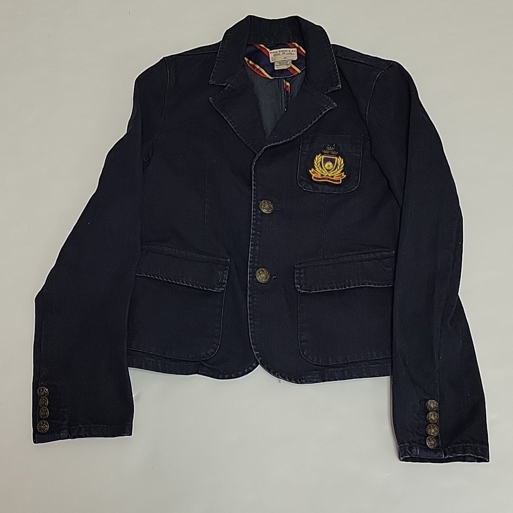 Ralph Lauren 100% cotton denim navy blazer w/crest girl's 14 prep school uniform
